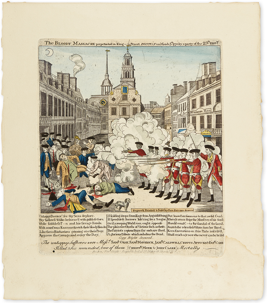 (AMERICAN REVOLUTION--PRINTS.) [Stratton, William F.]; after Revere. The Bloody Massacre Perpetrated in King-Street, Boston.